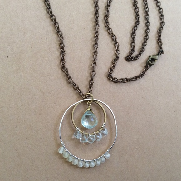 Handcrafted Sundance charm natural aquamarine lemon quartz brass necklace 30” - Picture 8 of 9